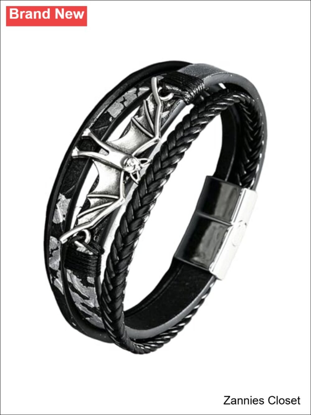 👻 Braided Wide Leather Wristband Bracelet with Cross Spider Bat Charms Punk